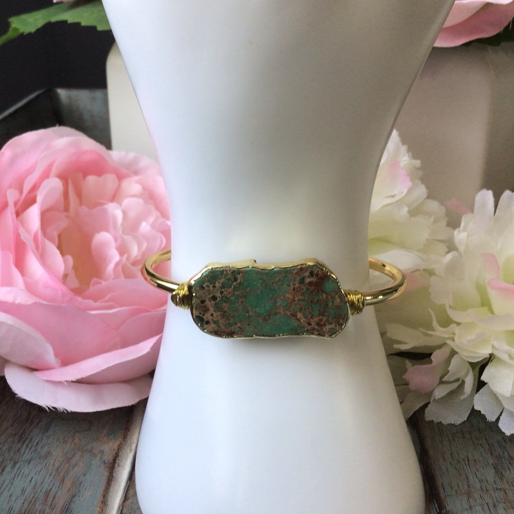 18K Gold Natural Sea Jasper Stone Cuff Bangle - Picture 4 of 9